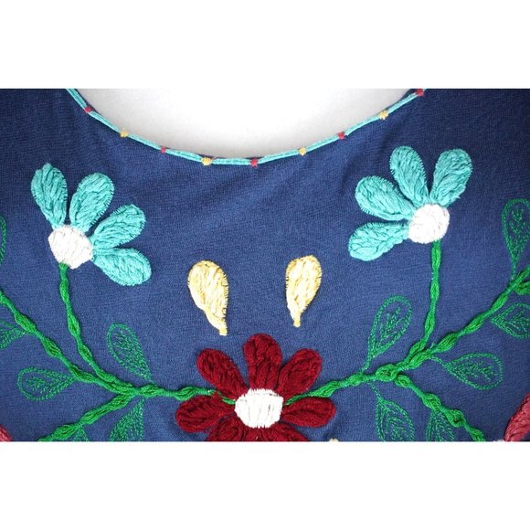 Caite Embroidered Dress Size M Crewel Floral Pattern Blue Sleeveless Knee Length - Picture 4 of 11